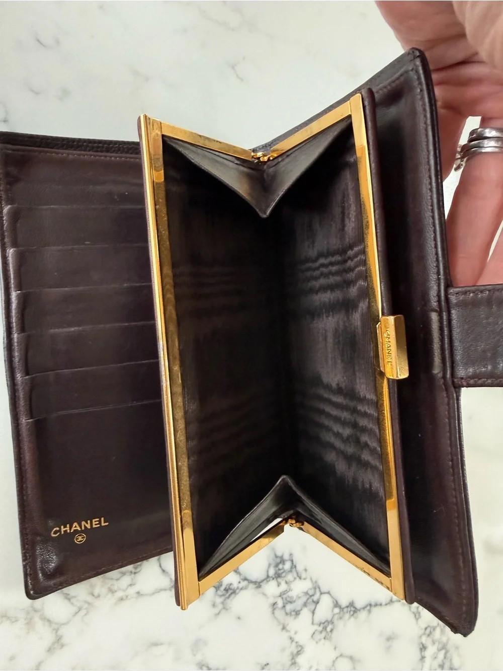 CHANEL Dark Brown Quilted Caviar Leather Wallet with CC Logo